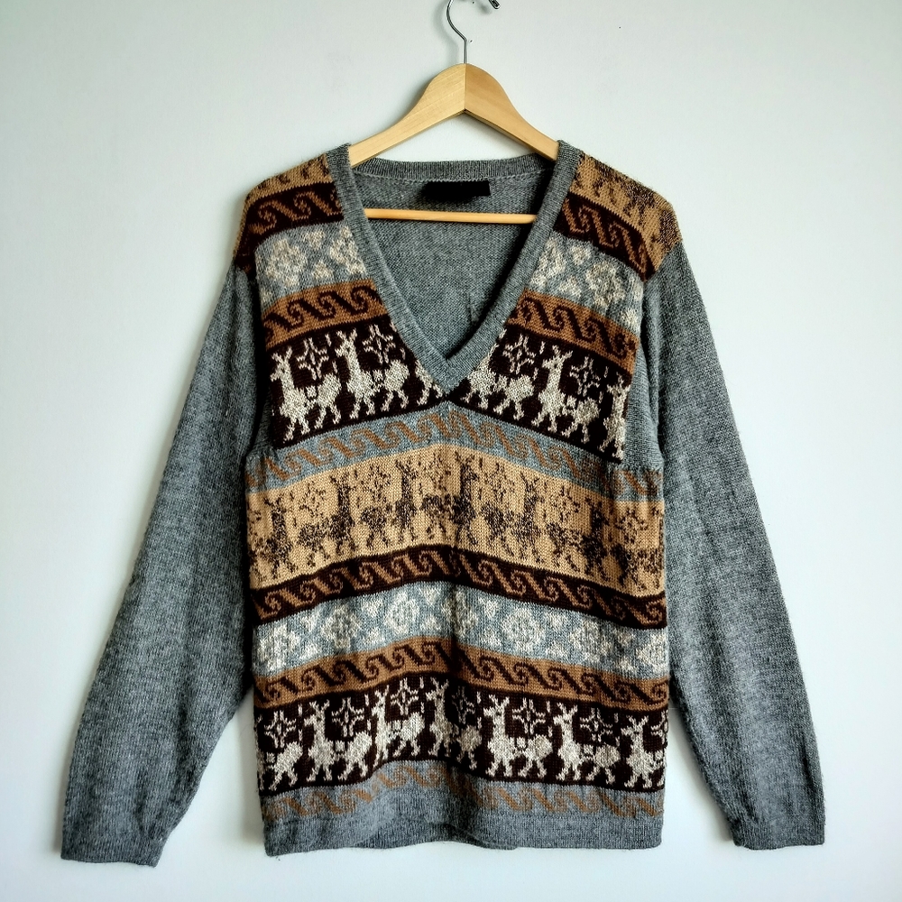 Vintage 100% Fine Alpaca Wool Oversized V Neck Grey Brown Llama Sweater M